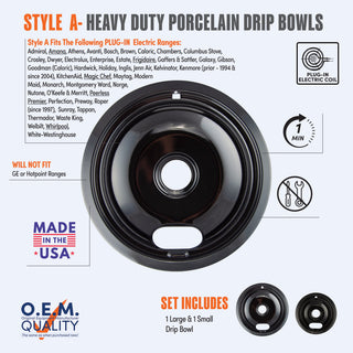 A product information graphic for Style A heavy duty porcelain drip bowls, showing a black porcelain bowl,compatibility list, OEM quality badge, and plug-in electric coil icon on a light blue background.