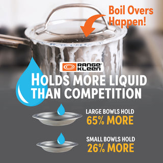 Promotional graphic for Range Kleen cookware showing a pot with boiling liquid and text about holding more liquid than competitors.