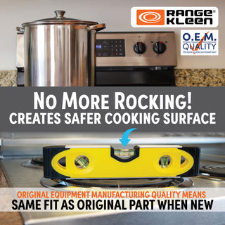 Stove with a Level tool and Range Kleen logo, emphasizing safe cooking surface.