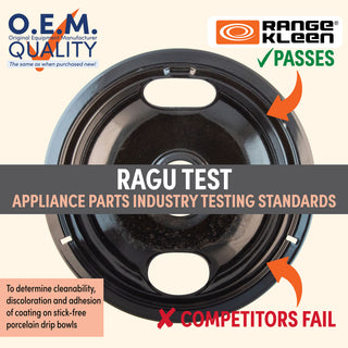 Black porcelain drip bowl showing results of Range Kleen passing the Ragu Test which is an appliance parts industry testing standard. 