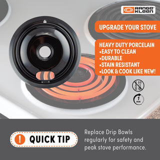 Range Kleen heavy-duty porcelain drip bowl for a gas stove, shown as a close-up product shot over a white electric stovetop background with orange heating elements. The graphic includes marketing text, a 'Quick Tip' section,specificying that Replacing Drip Bowls regularly for safety and peak stove performance. 