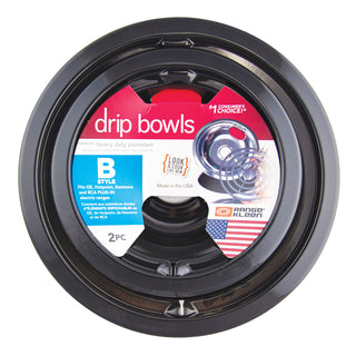 Style B Heavy Duty Black Porcelain Drip Bowls packaging with visible brand labels on a white background