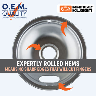 Stainless steel pot lid with 'Range Kleen' branding and text about expertly rolled hems.