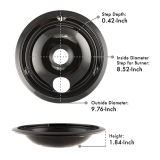 Style C Heavy Duty Black Porcelain Drip Bowls with measurements labeled on a white background