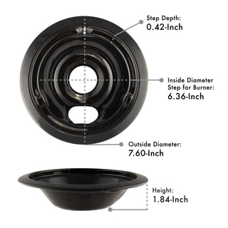 Style C Heavy Duty Black Porcelain Drip Bowls with measurements labeled on a white background