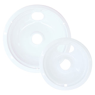 2 overhead views of large and small white universal fit porcelain drip bowls on white background