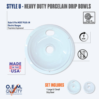 Heavy-duty porcelain drip bowl with product details on a white background