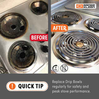 Before and after comparison of a stove top with showing how changing out drip bowls dramatically improves the look of your stove top
