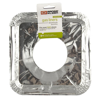 Foil gas stove liner packaging with Range Kleen label on a white background