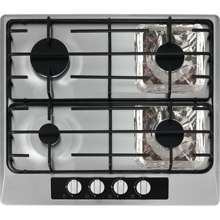 Stainless steel gas hob with four burners on a white background showing the placement of the gas foil liners