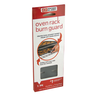 Oven rack edge guard in charcoal gray in packaging on white background.