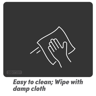 Icon of a hand wiping the surface of the mat with text 'Easy to clean; Wipe with damp cloth' on a black background.