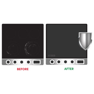 Before and after comparison of a cooktop with a shield symbol on a white background demonstrating the stove without protective mat and with protective mat