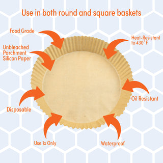 air fryer parchment liner with features highlighted on a hexagonal grid background