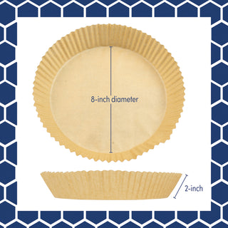 air fryer liner shown overhead and side view with dimensions labeled on a white background with blue border