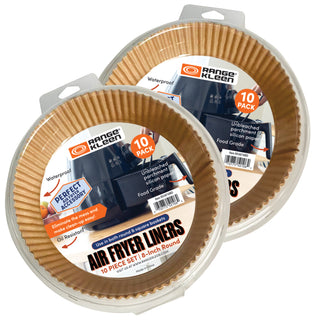 two 10 packs of air fryer parchment round liners in clam shell packaging on white background