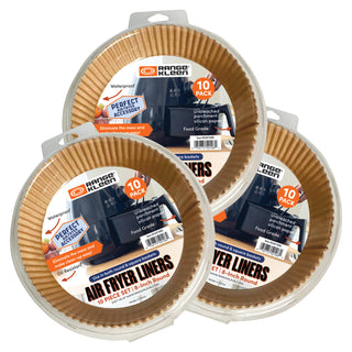 three 10 packs of air fryer parchment round liners in clam shell packaging on white background