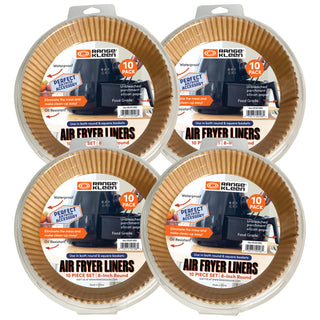 four 10 packs of air fryer parchment round liners in clam shell packaging on white background