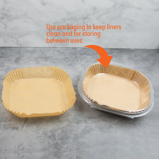 parchment air fryer liner next to package of liners demonstrating how clam shell can protect liners between use for storage.