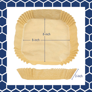 Parchment square air fryer liner overhead and side view with dimensions labeled on a blue and white geometric patterned background