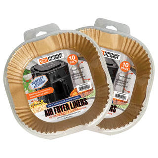 two 10 packs square parchment air fry liners in packaging on white background