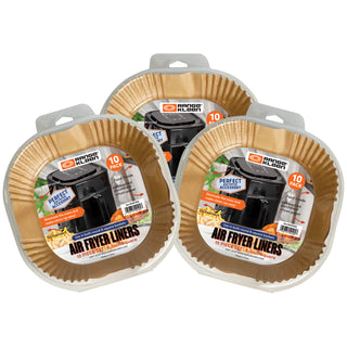 three 10 packs square parchment air fry liners in packaging on white background
