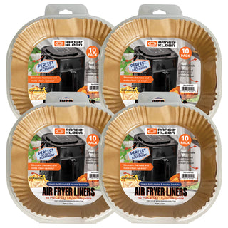 four 10 packs square parchment air fry liners in packaging on white background