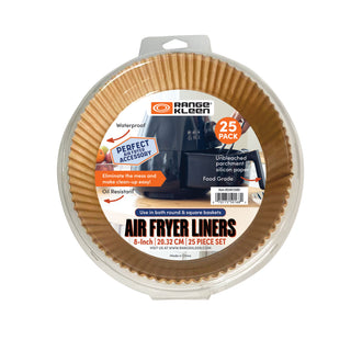 Pack of air fryer liners with Range Kleen branding on a white background