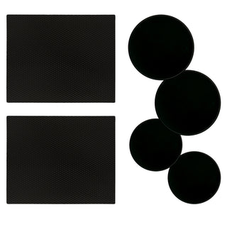 Two 14 x 17 nonslip countertop mats in matte black and 4 pack black round burner covers on white background.