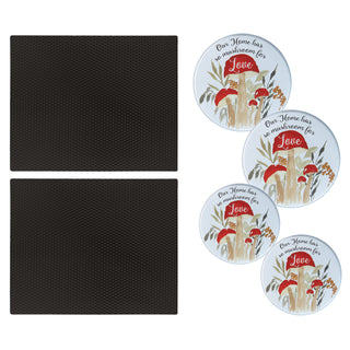 Two 14 x 17 nonslip countertop mats in matte black and 4 pack decorative round burner covers with red mushrooms and "our home has so mushroom for love" in script on white background.