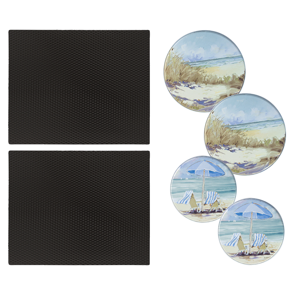 SM1417BLX25138 6 Piece Set: 2-Pack 14 x 17-Inch Black Matte Counter Mat and 4-Pack Seaside Retreat Burner Covers