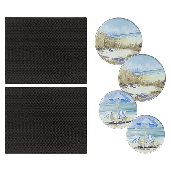 SM1417BLX25138 6 Piece Set: 2-Pack 14 x 17-Inch Black Matte Counter Mat and 4-Pack Seaside Retreat Burner Covers