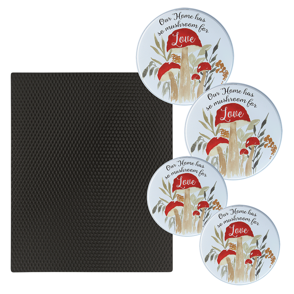 SM1720BL5137 5 Piece Set: One 17 x 20-Inch Black Matte Counter Mat and 4-Pack Mushroom Love Burner Covers