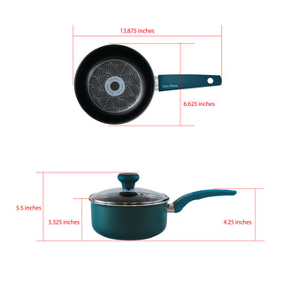 Measurement chart of a Taste of Home Non-Stick Aluminum Saucepan with Lid with dimensions labeled.