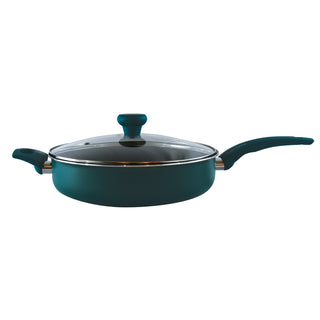 side view of Taste of Home 4 quart saute pan with tempered glass lid on white background
