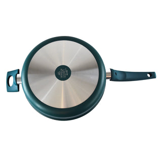 Bottom of Taste of Home 4 quart saute pan without tempered glass lid on white background