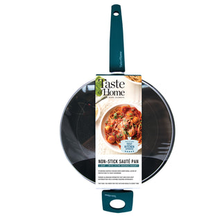 Taste of Home 4 quart saute pan with tempered glass lid in packaging on white background