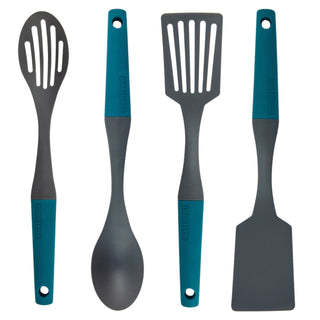 taste of home sea green and charcoal gray nylon tool set includes spoon, slotted spoon, turner and slotted turner