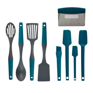 taste of home sea green and charcoal gray nylon tool set includes spoon, slotted spoon, turner and slotted turner with sea green silicone spatula, spoonula, mini spatula and basting brush and stainless steel bench scraper