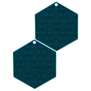 Two pack of Sea Green hexogon shaped 3-in-1 tool, jar opener, hot pad and trivet