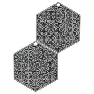 Two pack of Ash Gray hexogon shaped 3-in-1 tool, jar opener, hot pad and trivet