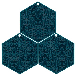 Three pack of Sea Green hexogon shaped 3-in-1 tool, jar opener, hot pad and trivet