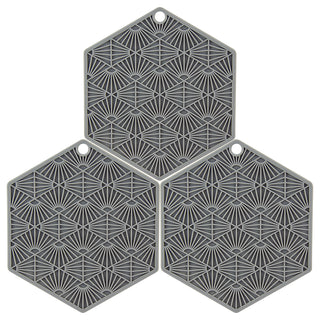 Three pack of ash gray hexogon shaped 3-in-1 tool, jar opener, hot pad and trivet