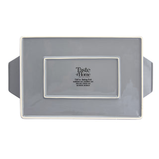 Rectangular gray stoneware baking dish with 'Taste of Home' branding on a white background
