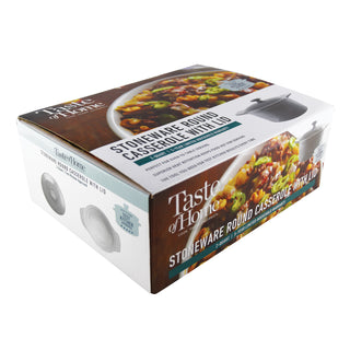 Box of Taste of Home stoneware round casseroles with lid on a white background