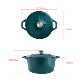 Taste of Home 5-Quart Enameled Cast Iron Dutch Oven w/Self-Basting Lid with dimensions labeled on a white background