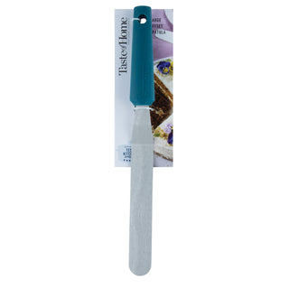 Sea Green-handled stainless steel offset spatula in packaging on a white background