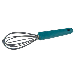 Small Sea Green handled silicone coated metal whisk on a white background