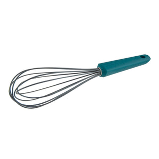 Large Sea Green handled silicone coated metal whisk on a white background