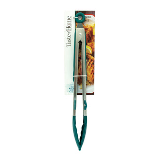 Taste of Home locking tongs with Sea Green handles and gripper heads in packaging